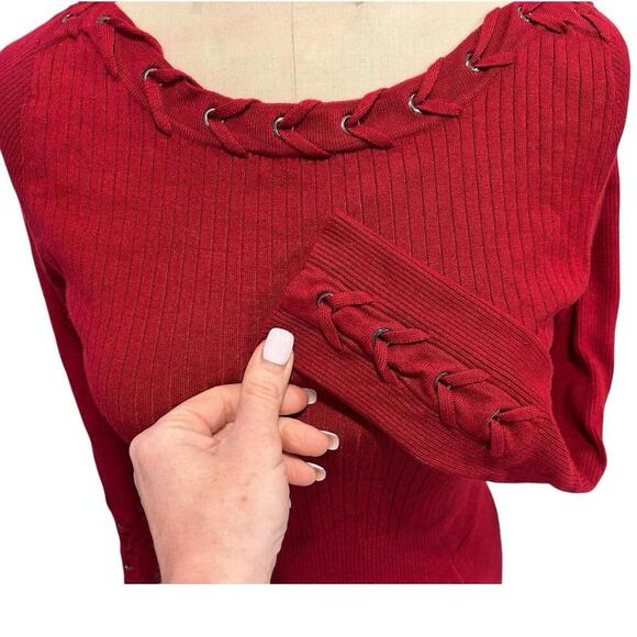 CACHE Wine Red Knit Bodycon Midi Sweater Dress Medium Lacing Vintage 90s Y2K - Picture 3 of 8